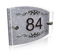 Personalised House Sign Plaque Modern Glass Effect Acrylic Door Number Wall Sign Door Plate Street Road Plate Plaque Hand Finished in UK (Silver Pattern)