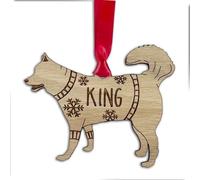 Personalised Husky Dog Christmas Tree Bauble, Jumper with Snowflakes Design, Oak Veneer Wood or White Wood Decoration with Red Ribbon (White Wood, Decoration Only)