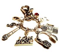 Personalised 'I Love Music' Microphone, Ghetto Blaster & Headphones Keychain with Initial and Birthstone, Singer. MC, DJ Musician Keyring