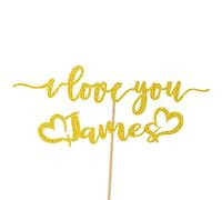 Personalised I Love You Glitter Cake Topper by Cakeshop | Custom Colour Any Name Glitter Cake Decoration for Valentines Day, Galentines Day, Anniversary, Wedding (Gold)