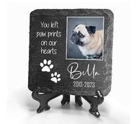 Personalised Individual Dark Gray Memorial Small Plaque With Stand For Pet Cat Dog Slate Stone Frame Paw Grave Marker - Size | 3.98" x 3.98" or 100 x 100 mm | - Two Paw Print Photo