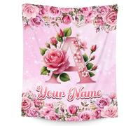 Personalised Initial Blanket with Name - Custom Flower Blanket Gift for Girls Daughter Granddaughter - Soft Cosy Flannel Throw for Sofa Bed Living Room Travel