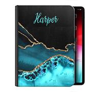 Personalised Initial Case For All Apple iPad Models 10, 9, 8, 7, 6, Air 11, Pro 12.9,13 inch, Mini, Black, Blue and Gold Colour Print Marble with Name, 360 Swivel PU Leather Side Flip Folio Cover