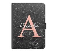 Personalised Initial Case For All Apple iPad Models 10, 9, 8, 7, 6, Air 11, Pro 12.9,13 inch, Mini, Black Marble Print with Pink Initial and White Name, 360 Swivel PU Leather Side Flip Folio Cover