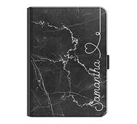 Personalised Initial Case For All Apple iPad Models 10, 9, 8, 7, 6, Air 11, Pro 12.9,13 inch, Mini, Black Marble Print with White Side Name and Heart Line, 360 Swivel PU Leather Side Flip Folio Cover