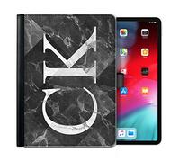 Personalised Initial Case For All Apple iPad Models 10, 9, 8, 7, 6, Air 11, Pro 12.9,13 inch, Mini, Black Marble Check Tile Print with Custom Side Monogram, 360 Swivel PU Leather Side Flip Folio Cover