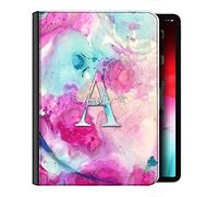 Personalised Initial Case For All Apple iPad Models 10, 9, 8, 7, 6, Air 11, Pro 12.9,13 inch, Mini, Blue Pink Marble Swirl with Name Initial, 360 Swivel PU Leather Side Flip Folio Cover with Initials