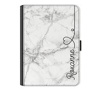 Personalised Initial Case For All Apple iPad Models 10, 9, 8, 7, 6, Air 11, Pro 12.9,13 inch, Mini, Grey Marble Print with Black Name Heart Line, 360 Swivel PU Leather Flip Wallet Folio Cover