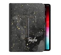 Personalised Initial Case For All Apple iPad Models 10, 9, 8, 7, 6, Air 11, Pro 12.9,13 inch, Mini, Grey Marble and Gold Colour Spots with Name Initial, 360 Swivel PU Leather Side Flip Folio Cover