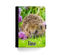 Personalised Initial Case For All Apple iPad Models 10, 9, 8, 7, 6, Air 11, Pro 12.9,13 inch, Mini, Hedgehog Purple Flower Case with Name 360 Swivel PU Leather Side Flip Folio Cover
