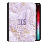 Personalised Initial Case For All Apple iPad Models 10, 9, 8, 7, 6, Air 11, Pro 12.9,13 inch, Mini, Lilac Purple and Gold Colour Print Marble Swirl with Name, 360 Swivel PU Leather Flip Folio Cover