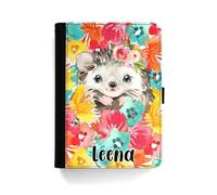 Personalised Initial Case For All Apple iPad Models 10, 9, 8, 7, 6, Air 11, Pro 12.9,13 inch, Mini, Multicolour Flower Hedgehog Case with Name 360 Swivel PU Leather Side Flip Folio Cover