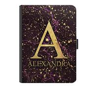 Personalised Initial Case For All Apple iPad Models 10, 9, 8, 7, 6, Air 11, Pro 12.9,13 inch, Mini, Pink & Black Marble with Initial and Name, 360 Swivel PU Leather Side Flip Folio Cover with Initials