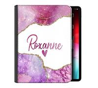 Personalised Initial Case For All Apple iPad Models 10, 9, 8, 7, 6, Air 11, Pro 12.9,13 inch, Mini, Pink Heart Name Purple Galaxy Star Marble Print, 360 Swivel PU Leather Side Flip Folio Cover
