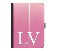 Personalised Initial Case For All Apple iPad Models 10, 9, 8, 7, 6, Air 11, Pro 12.9,13 inch, Mini, Pink Spot s Stripes with White Monogram, 360 Swivel PU Leather Side Flip Folio Cover with Initials