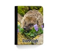 Personalised Initial Case For All Apple iPad Models 10, 9, 8, 7, 6, Air 11, Pro 12.9,13 inch, Mini, Purple Flower Hedgehog Case with Name 360 Swivel PU Leather Side Flip Folio Cover