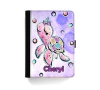 Personalised Initial Case For All Apple iPad Models 10, 9, 8, 7, 6, Air 11, Pro 12.9,13 inch, Mini, Purple Pink Sea Turtle Case with Name 360 Swivel PU Leather Side Flip Folio Cover
