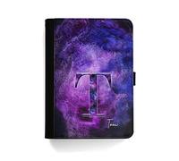 Personalised Initial Case For All Apple iPad Models 10, 9, 8, 7, 6, Air 11, Pro 12.9,13 inch, Mini, Purple Star Galaxy Universe and Initial Name, 360 Swivel PU Leather Side Flip Wallet Folio Cover