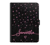 Personalised Initial Case For All Apple iPad Models 10, 9, 8, 7, 6, Air 11, Pro 12.9,13 inch, Mini, Stars Hearts Black Marble with Pink Text, 360 Swivel PU Leather Side Flip Folio Cover with Initials