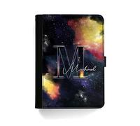 Personalised Initial Case For All Apple iPad Models 10, 9, 8, 7, 6, Air 11, Pro 12.9,13 inch, Mini, Yellow Galaxy Stars Universe and Initial Name, 360 Swivel PU Leather Side Flip Wallet Folio Cover
