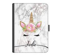 Personalised Initial Ipad Case For All Apple iPad Models 10, 9, 8, 7, 6, Air 11, Pro 12.9,13 inch, Mini, Grey Mable Unicorn with Custom Black Name Line, 360 Swivel Leather Side Flip Wallet Folio Cover