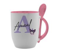 Personalised Initial & Name Coffee Mug - Cute Cartoon Character Design - Custom Ceramic Cup Gift for Kids, Teens & Friends, Spoon Coffee, Tea Mug. (Pink)