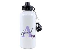 Personalised Initial & Name - Cute Cartoon Character Design - Custom Gift for Kids, Teens & Friends, 500 ml Aluminium Water Bottle. (White)