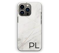 Personalised Initial Phone Case For Apple iPhones, 16, 15, 14,13, 12, 11, Pro Max, Mini, XR, SE Black Initials Gold Colour Origami Lines on Grey Marble Phone Case, Hard Phone Cover