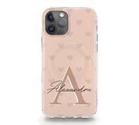 Personalised Initial Phone Case for Apple iPhones, 16, 15, SE, 14, 13, 12, 11 Pro Max, Mini, Plus, Samsung S23, S24, S25 Gel Case Compatible with MagSafe with Heart Pattern and Name Cover in Nude