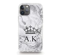 Personalised Initial Phone Case For Apple iPhones, 16, 15, SE, 14, 13, 12, 11 Pro Max, Mini, Plus, Samsung S23, S24, S25 Gel Case Compatible with MagSafe, Black Flower Crown Monogram on Grey Marble