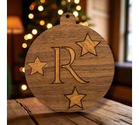 Personalised initial Rustic Wooden Christmas Ornament with Stars, Round Holiday Tree Decoration, 12cm