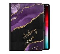 Personalised Initial Universal Case For Amazon and Kindle Tablets, Fire HD 7, 8, 10, Paperwhite, Gold Colour Floral Name on Black and Purple Marble, 360 Swivel PU Leather Side Flip Folio Cover
