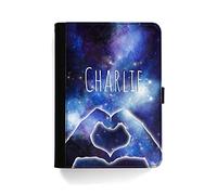 Personalised Initial Universal Case For Amazon and Kindle Tablets, Fire HD 7, 8, 10, Paperwhite, Space Galaxy Star Heart and Name, 360 Swivel PU Leather Side Flip Wallet Folio Cover