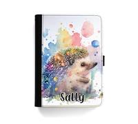 Personalised Initial Universal Case For Amazon and Kindle Tablets, Fire HD 7, 8, 10, Paperwhite, Watercolour Paint Splat Hedgehog Case with Name 360 Swivel PU Leather Side Flip Folio Cover