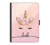 Personalised Initial Universal Case For Huawei Tablets, MediaPad, MatePad, Pro, Air, Pink Mable Unicorn with Custom Black Name Line, 360 Swivel Leather Side Flip Wallet Folio Cover