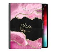 Personalised Initial Universal Case For Samsung Galaxy Tablets, S9, S9+, S9FE, S8, S7, A9, A8, A7, Gold Colour Print Feather & Pink Black Marble with Name, 360 Swivel PU Leather Side Flip Folio Cover