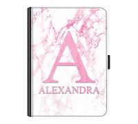 Personalised Initial Universal Case For Samsung Galaxy Tablets, S9, S9+, S9FE, S8, S7, A9, A8, A7, Pink White Marble with Initial and Name, 360 Swivel PU Leather Side Flip Folio Cover with Initials