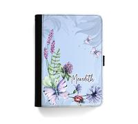 Personalised Initial Universal Case For Samsung Galaxy Tablets, S9, S9+, S9FE, S8, S7, A9, A9+, A8, A7, Blue Leaf Flowers Purple Butterfly Case with Name 360 Swivel PU Leather Side Flip Folio Cover