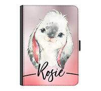 Personalised Initial Universal Case For Samsung Galaxy Tablets, S9, S9+, S9FE, S8, S7, A9, A9+, A8, A7, Grey Bunny Rabbit with Name/Text, 360 Swivel Leather Side Flip Folio Cover, Rabbit Case