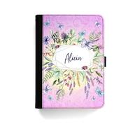 Personalised Initial Universal Case For Samsung Galaxy Tablets, S9, S9+, S9FE, S8, S7, A9, A9+, A8, A7, Pink Multicolour Flower Ladybird Case with Name 360 Swivel PU Leather Side Flip Folio Cover