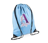 Personalised Initial with Name, Glitter Marble Alphabet, Gift For Girls, Drawstring Bag, PE Gym Kit Swimming, Sport Rucksack. (Sky Blue)