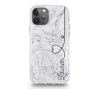 Personalised Initials For Apple iPhones, 16, 15, 14, 13, 12, 11 Pro Max, Mini, Plus, Samsung, S24, S25 Gel Case Compatible with MagSafe, Grey and White Marble Print with Black Side Heart Line Name