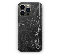 Personalised Initials Hard Phone Case For Apple iPhones, 16, 15, 14,13, 12, 11, Pro Max, Mini, XR, SE Black Marble Print with White Heart Line and Custom Side Text Marble Case, Hard Phone Cover