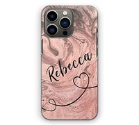 Personalised Initials Hard Phone Case For Apple iPhones, 16, 15, 14,13, 12, 11, Pro Max, Mini, XR, SE Pink Marble Swirl with Diagonal Heart Line and Black Custom Name Marble Case, Hard Phone Cover