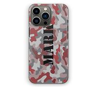 Personalised Initials Hard Phone Case For Apple iPhones, 16, 15, 14,13, 12, 11, Pro Max, Mini, XR, SE Red and Grey Army Camouflage Print with Custom Name/Black Capital Text, Camo Phone Cover