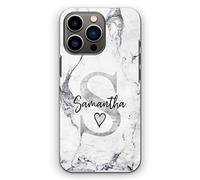 Personalised Initials Hard Phone Case For Apple iPhones, 16, 15, 14,13, 12, 11, Pro Max, Mini, XR, SE White Grey Marble with Heart, Grey Custom Initial and Black Name Marble Case, Hard Phone Cover