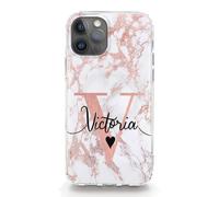 Personalised Initials Hard Phone Case For Huawei Y Phone, Y6s, Y6, Y7, Y9, Y3, Pink and White Marble Print with Heart, Pink Custom Initial and Black Name, Hard Phone Cover
