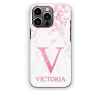 Personalised Initials Phone Case For Apple iPhone 16, 15, 14,13, 12, 11, Pink and White Marble with Pink Initial Name, Marble Print Hard Phone Cover