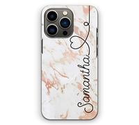 Personalised Initials Phone Case For Apple iPhones, 16, 15, 14,13, 12, 11, Pro Max, Mini, XR, SE Black Balloon Heart Side Name on Pink White Marble Hard Phone Cover, Marble Phone Case
