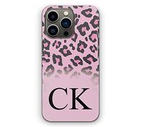 Personalised Initials Phone Case For Apple iPhones, 16, 15, 14,13, 12, 11, Pro Max, Mini, XR, SE Black Monogram, Initials on Pink Leopard Print Hard Phone Cover
